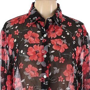 DESIGNER IMPRESSIONS BLACK/RED FLOWER PRINT BUTTON DOWN LONG SLEEVE BLOUSE L